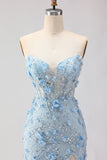 Blue Mermaid Strapless Corset 3D Flowers Sequin Long Prom Dress with Slit
