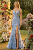 Strapless Blue Mermaid Corset 3D Flowers Sequin Long Prom Dress With Slit