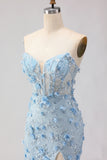 Blue Mermaid Strapless Corset 3D Flowers Sequin Long Prom Dress with Slit