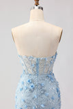 Blue Mermaid Strapless Corset 3D Flowers Sequin Long Prom Dress with Slit