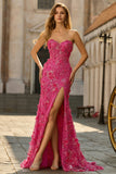 Fuchsia Mermaid Strapless Corset 3D Flowers Sequin Long Prom Dress With Slit