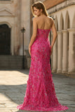 Fuchsia Mermaid Strapless Corset 3D Flowers Sequin Long Prom Dress With Slit
