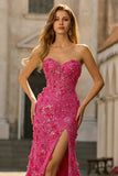 Fuchsia Mermaid Corset Strapless 3D Flowers Sequin Long Prom Dress with Slit