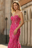 Fuchsia Mermaid Corset Strapless 3D Flowers Sequin Long Prom Dress with Slit
