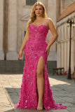 Fuchsia Mermaid Strapless Corset 3D Flowers Sequin Long Plus Size Prom Dress with Slit