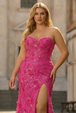 Fuchsia Mermaid Strapless Corset 3D Flowers Sequin Long Plus Size Prom Dress with Slit