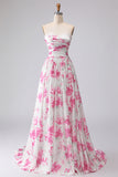 White Fuchsia Flower Printed Strapless Pleated A-Line Prom Dress