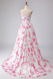 White Fuchsia Flower Printed Strapless Pleated A-Line Prom Dress