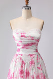 White Fuchsia Flower Printed Strapless Pleated A-Line Prom Dress
