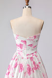 White Fuchsia Flower Printed Strapless Pleated A-Line Prom Dress