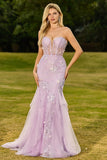 Purple Mermaid Strapless Lace Corset Long Prom Dress with 3D Flowers