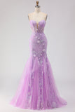 Purple Strapless Mermaid Lace Corset Long Prom Dress with Beading