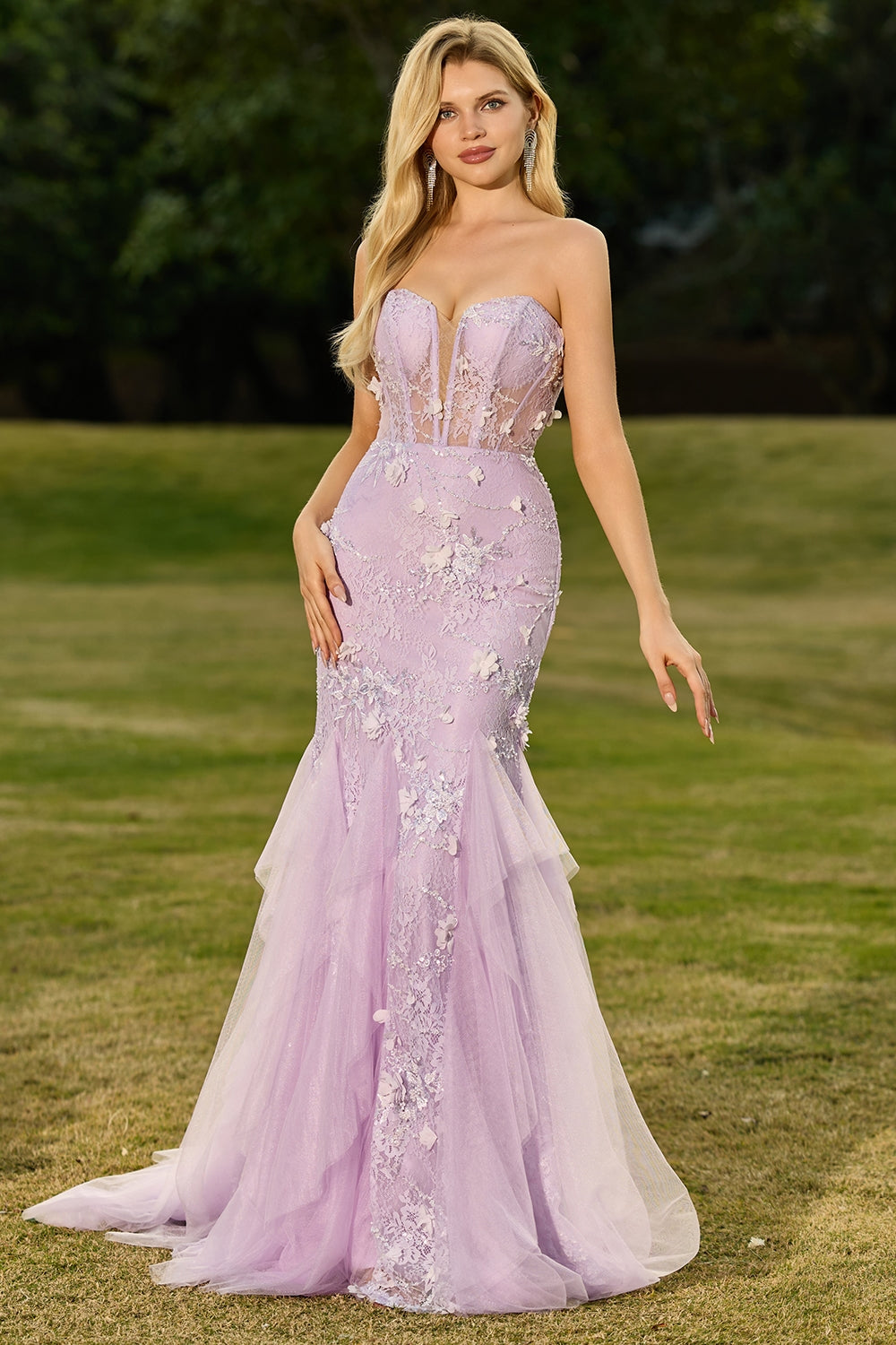 Zapaka Women Yellow Long Prom Dress with 3D Flowers Mermaid Strapless Corset Lace Evening Party Dress with Beading, Purple / US4 Zapaka Women Yellow Long Prom Dress with 3D Flowers Mermaid Strapless Corset Lace Evening Party Dress with Beading, Purple / US4