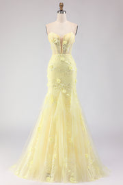 Strapless Yellow Mermaid Lace Corset Long Prom Dress with Beading