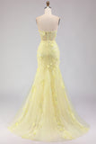 Strapless Yellow Mermaid Lace Corset Long Prom Dress with Beading