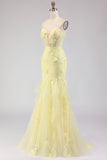 Strapless Yellow Mermaid Lace Corset Long Prom Dress with Beading