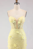 Strapless Yellow Mermaid Lace Corset Long Prom Dress with Beading