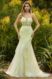 Mermaid Yellow Strapless Corset Lace Long Prom Dress with 3D Flowers