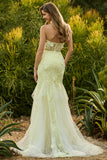 Mermaid Yellow Strapless Corset Lace Long Prom Dress with 3D Flowers