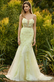Mermaid Yellow Strapless Corset Lace Long Prom Dress with 3D Flowers