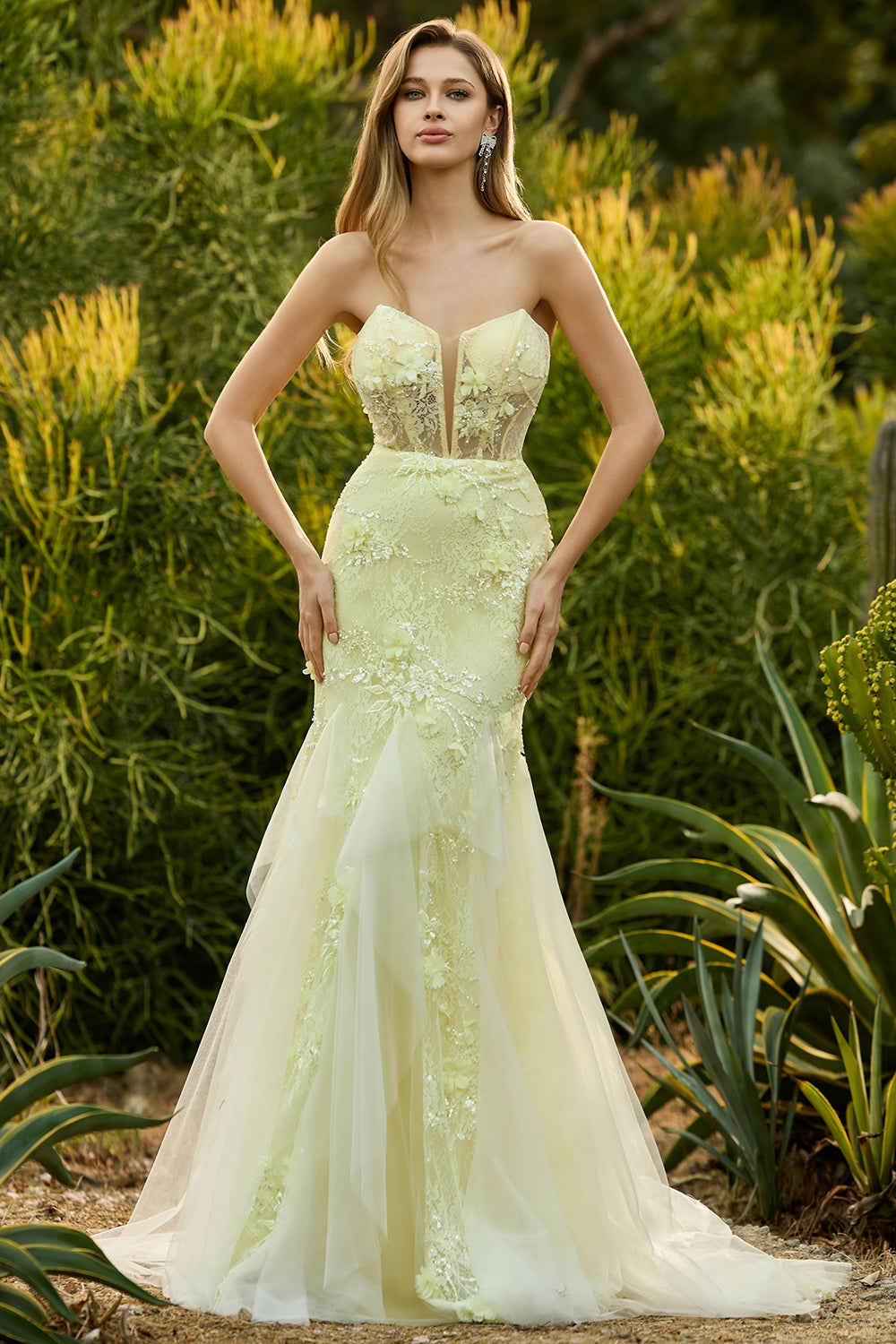 Zapaka Women Yellow Long Prom Dress with 3D Flowers Mermaid Strapless Corset Lace Evening Party Dress with Beading, Yellow / US20W