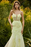 Mermaid Yellow Strapless Corset Lace Long Prom Dress with 3D Flowers