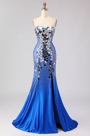 Royal Blue Mermaid Strapless Beaded Side Slit Long Prom Dress with Mirror