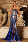 Royal Blue Mermaid Strapless Beaded Side Slit Long Prom Dress with Mirror