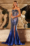 Royal Blue Strapless Beaded Mermaid Side Slit Long Prom Dress with Mirror