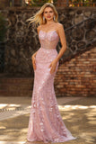 Sparkly Blush Mermaid Beaded Corset Long Prom Dress with Sequins