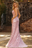 Sparkly Blush Mermaid Sheer Corset Beaded Long Prom Dress with Sequins