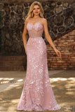Sparkly Blush Mermaid Sheer Corset Beaded Long Prom Dress with Sequins