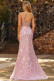 Sparkly Blush Mermaid Sheer Corset Beaded Long Prom Dress with Sequins