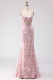 Sparkly Blush Mermaid Beaded Corset Long Prom Dress with Sequins