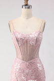 Sparkly Blush Mermaid Beaded Corset Long Prom Dress with Sequins