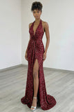 Sparkly Burgundy Mermaid Halter Sequin Long Prom Dress with Slit