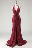 Sparkly Burgundy Halter Mermaid Sequins Long Prom Dress with Slit