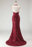 Sparkly Burgundy Halter Mermaid Sequins Long Prom Dress with Slit
