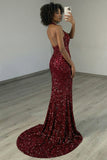 Sparkly Burgundy Mermaid Halter Sequin Long Prom Dress with Slit