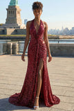 Sparkly Burgundy Mermaid Halter Sequin Long Prom Dress with Slit