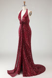Sparkly Burgundy Halter Mermaid Sequins Long Prom Dress with Slit