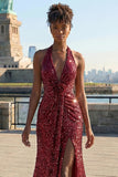 Sparkly Burgundy Mermaid Halter Sequin Long Prom Dress with Slit
