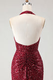 Sparkly Burgundy Halter Mermaid Sequins Long Prom Dress with Slit