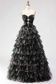 Black Tiered Ruffle A-Line Strapless Cut Out Long Prom Dress with Bows