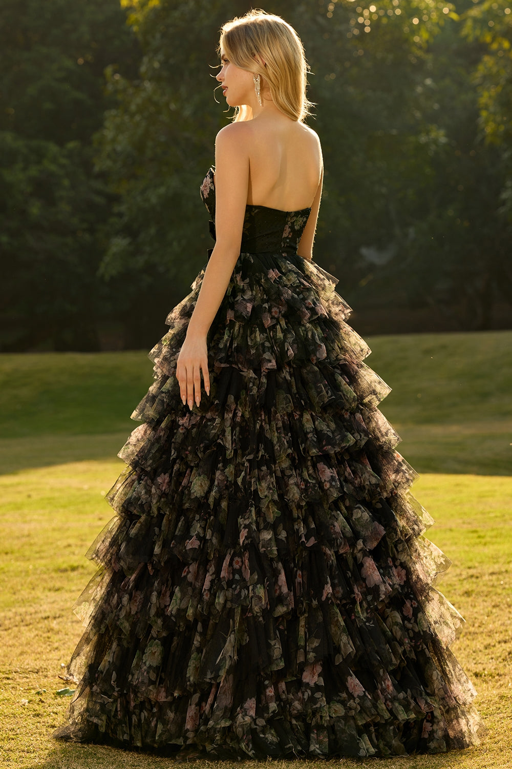 black strapless tiered maxi dress Immense Drama Black Strapless Tiered Jacquard Maxi Dress
