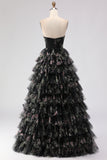 Black Tiered Ruffle A-Line Strapless Cut Out Long Prom Dress with Bows