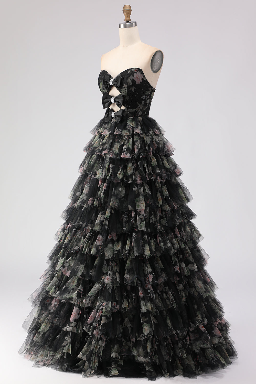 ZAPAKA Women Black Long Prom Dress with Bows Floral Strapless Tiered Ruffle A-Line Cut Out Evening Gown Dress, Black / US16W ZAPAKA Women Black Long Prom Dress with Bows Floral Strapless Tiered Ruffle A-Line Cut Out Evening Gown Dress, Black / US16W