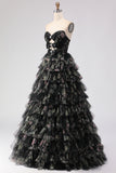 Black Tiered Ruffle A-Line Strapless Cut Out Long Prom Dress with Bows