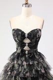 Black Tiered Ruffle A-Line Strapless Cut Out Long Prom Dress with Bows