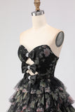 Black Tiered Ruffle A-Line Strapless Cut Out Long Prom Dress with Bows